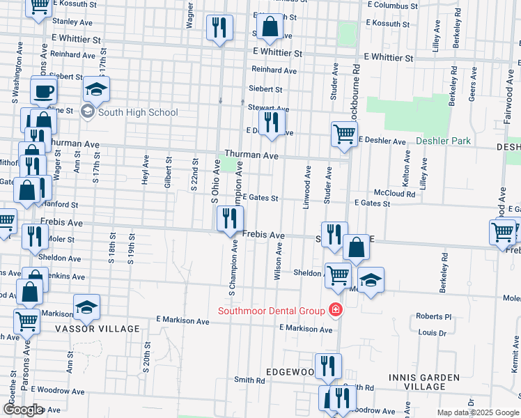 map of restaurants, bars, coffee shops, grocery stores, and more near 1418 Oakwood Avenue in Columbus