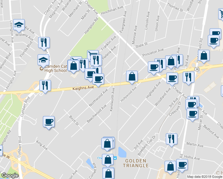 map of restaurants, bars, coffee shops, grocery stores, and more near 646 Kenilworth Avenue in Cherry Hill