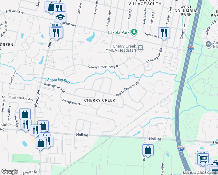 map of restaurants, bars, coffee shops, grocery stores, and more near 5244 Cherry Creek Parkway North in Columbus