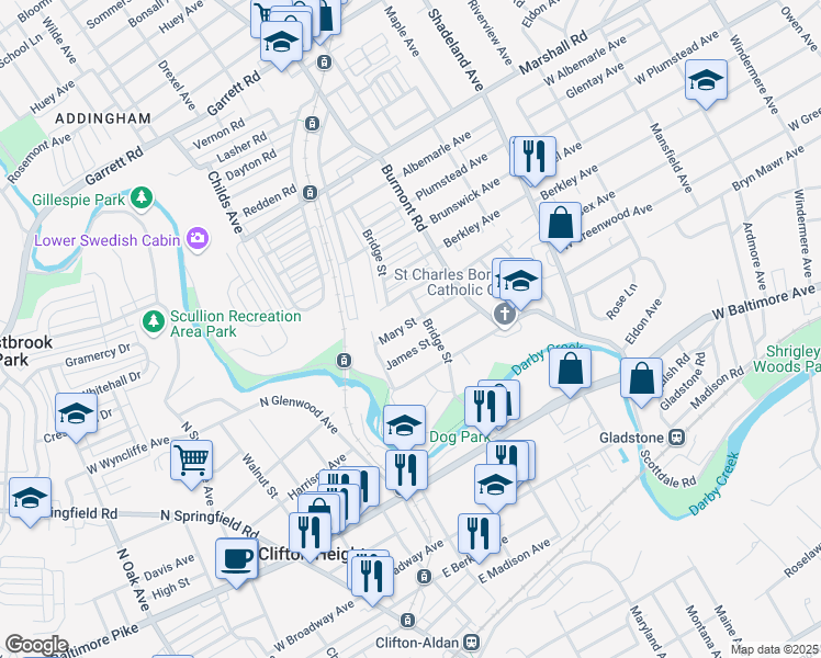 map of restaurants, bars, coffee shops, grocery stores, and more near 3914 Mary Street in Drexel Hill