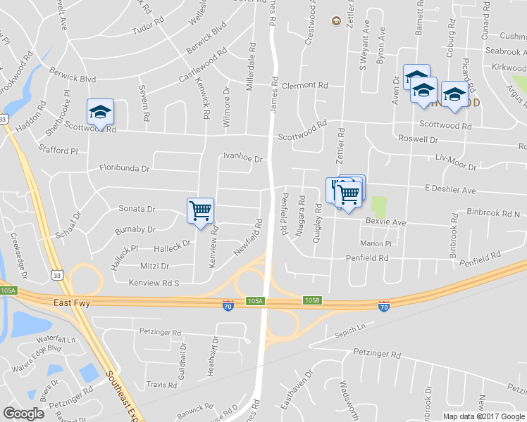 map of restaurants, bars, coffee shops, grocery stores, and more near 1698 Newfield Road in Columbus