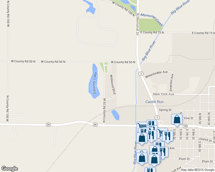 map of restaurants, bars, coffee shops, grocery stores, and more near 346 N County Road 25 West in New Castle