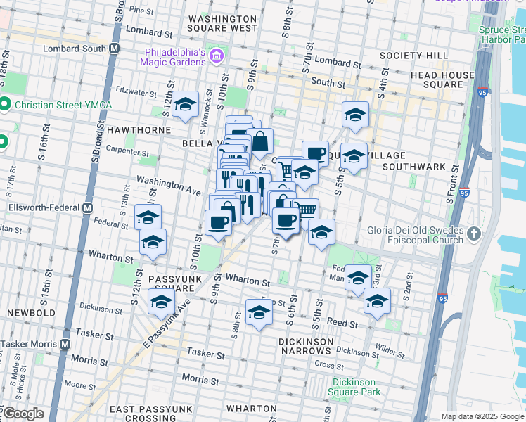 map of restaurants, bars, coffee shops, grocery stores, and more near 1030 East Passyunk Avenue in Philadelphia