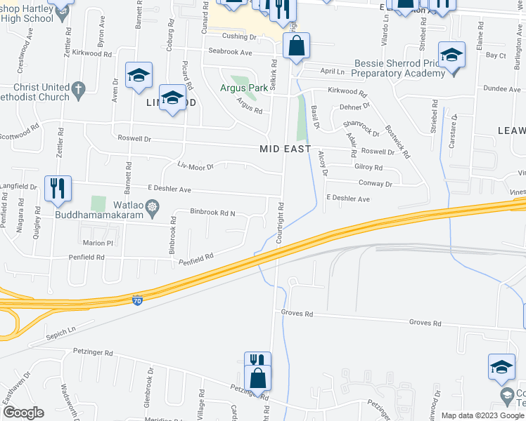 map of restaurants, bars, coffee shops, grocery stores, and more near 1799 Penfield Road East in Columbus