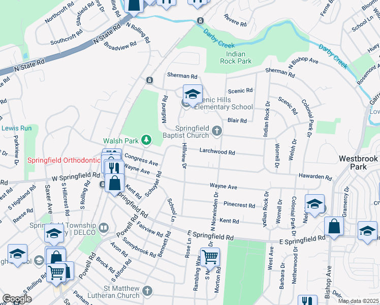 map of restaurants, bars, coffee shops, grocery stores, and more near 308 Larchwood Road in Springfield