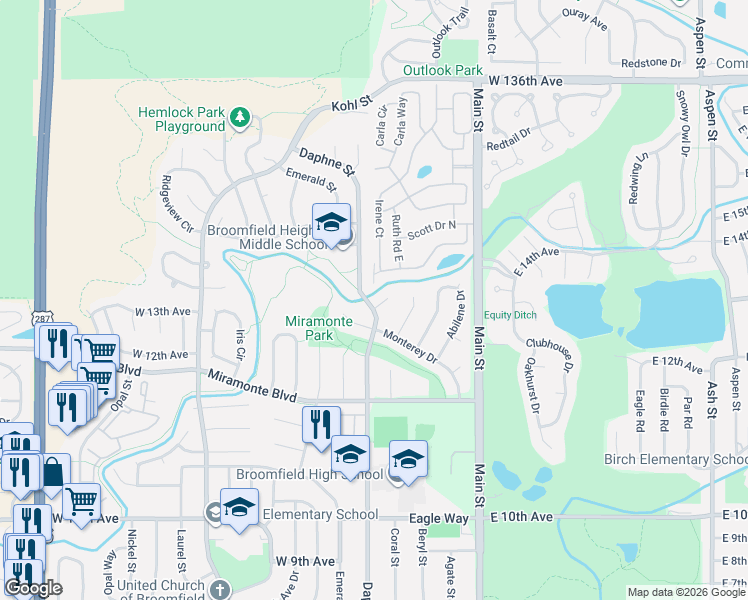 map of restaurants, bars, coffee shops, grocery stores, and more near 14 Cedar Court in Broomfield