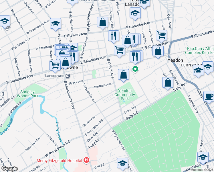 map of restaurants, bars, coffee shops, grocery stores, and more near 130 Bartram Avenue in Lansdowne