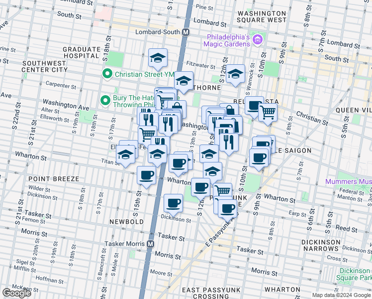 map of restaurants, bars, coffee shops, grocery stores, and more near 1314 Annin Street in Philadelphia