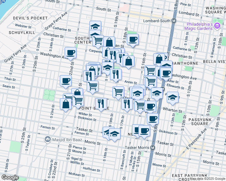 map of restaurants, bars, coffee shops, grocery stores, and more near 1807 Latona Street in Philadelphia