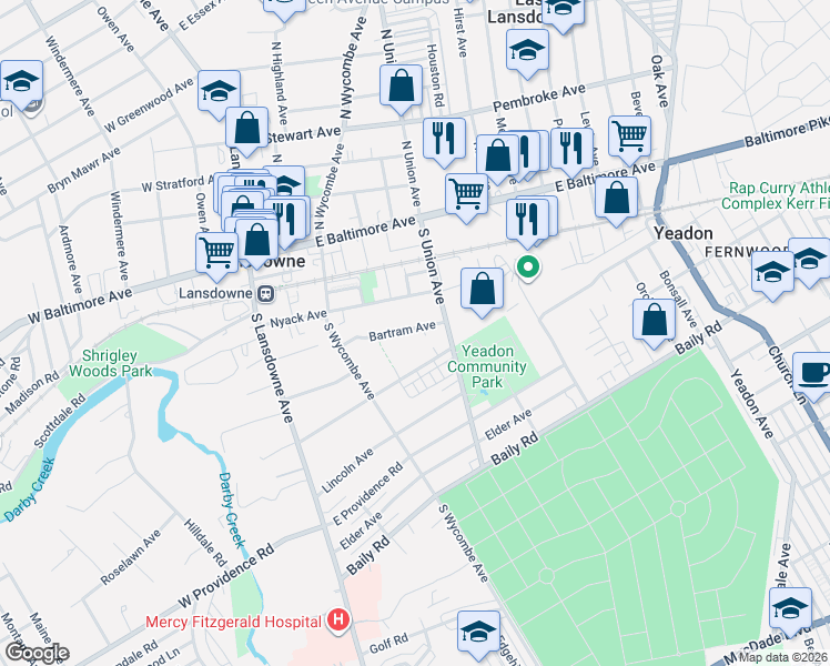 map of restaurants, bars, coffee shops, grocery stores, and more near 78 Cedar Avenue in Lansdowne