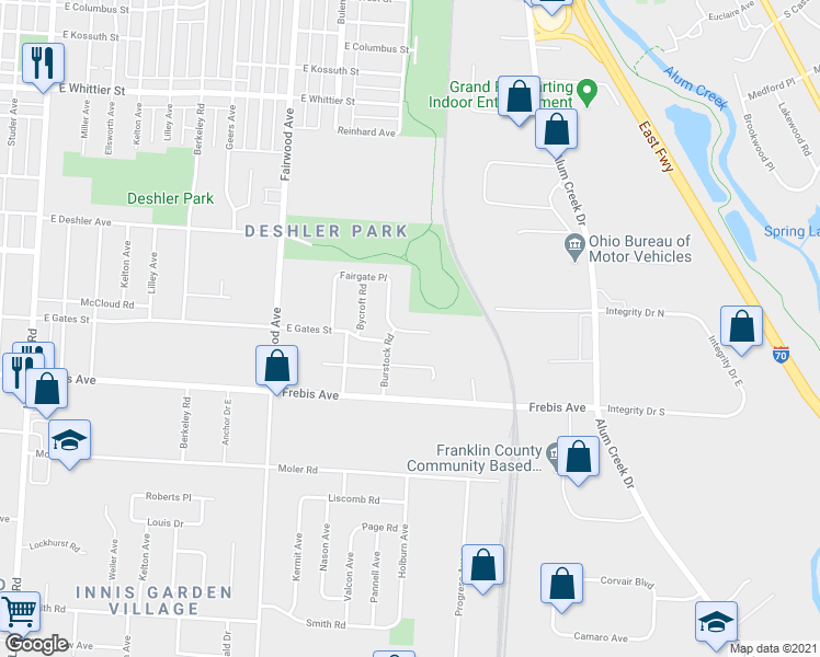 map of restaurants, bars, coffee shops, grocery stores, and more near 1690 Burstock Court in Columbus
