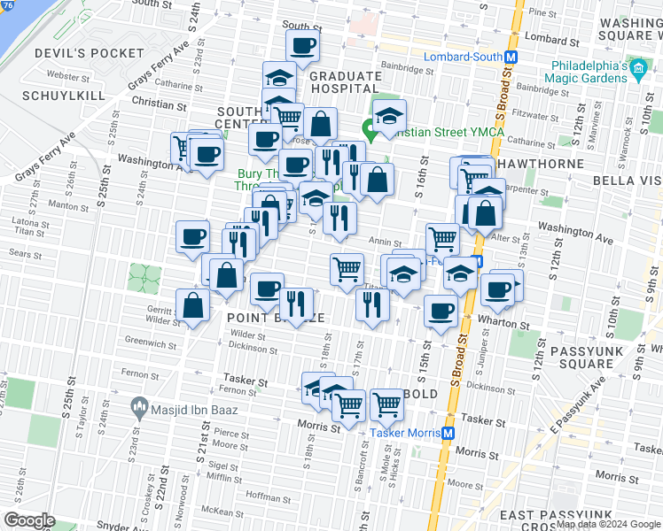 map of restaurants, bars, coffee shops, grocery stores, and more near 1807 Latona Street in Philadelphia