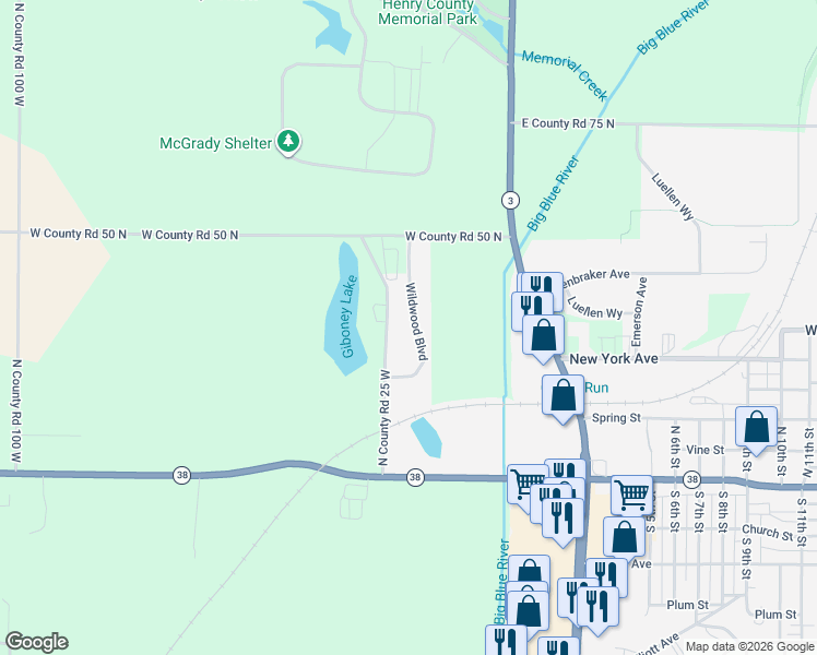 map of restaurants, bars, coffee shops, grocery stores, and more near 346 N County Road 25 W in New Castle