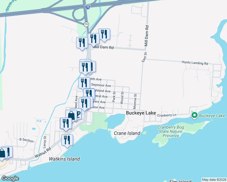map of restaurants, bars, coffee shops, grocery stores, and more near 217 Park Street in Buckeye Lake