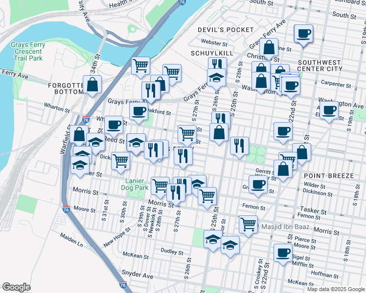map of restaurants, bars, coffee shops, grocery stores, and more near in Philadelphia