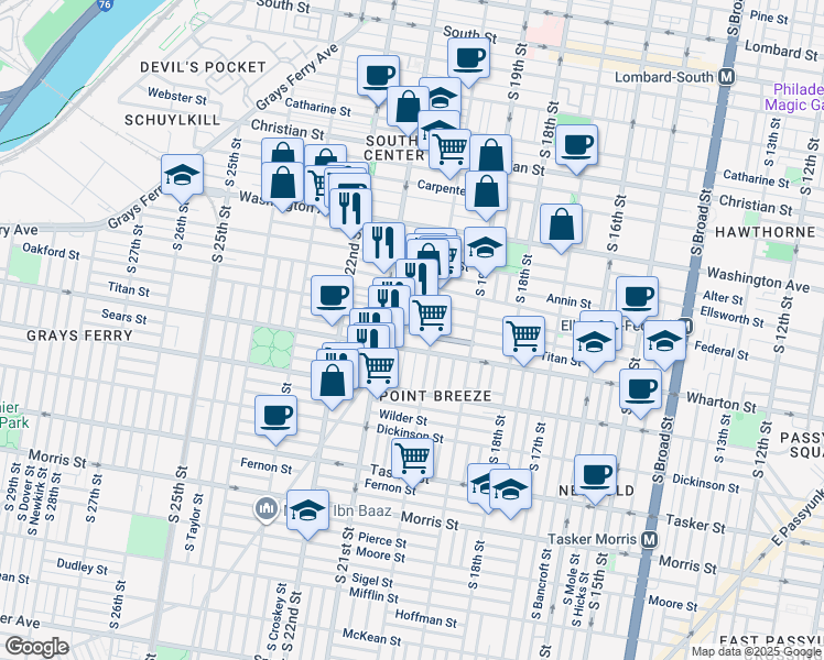 map of restaurants, bars, coffee shops, grocery stores, and more near 2027 Titan Street in Philadelphia
