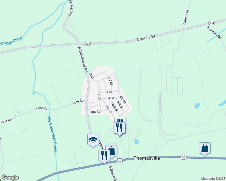 map of restaurants, bars, coffee shops, grocery stores, and more near 43 B Street in Thomasville