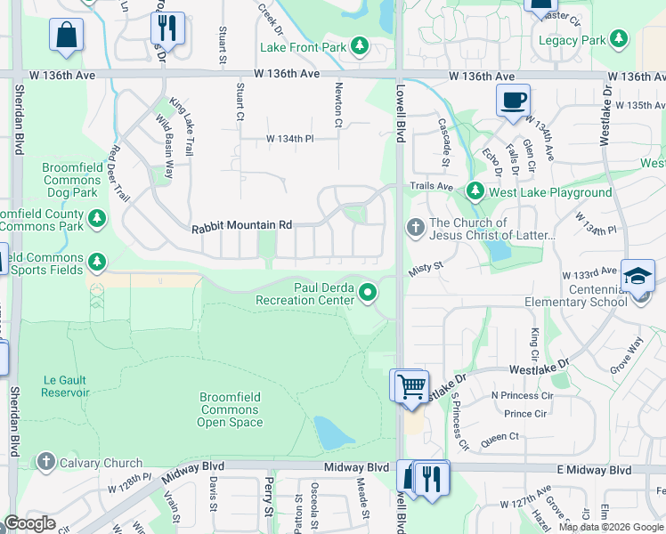 map of restaurants, bars, coffee shops, grocery stores, and more near 3848 Red Deer Trail in Broomfield