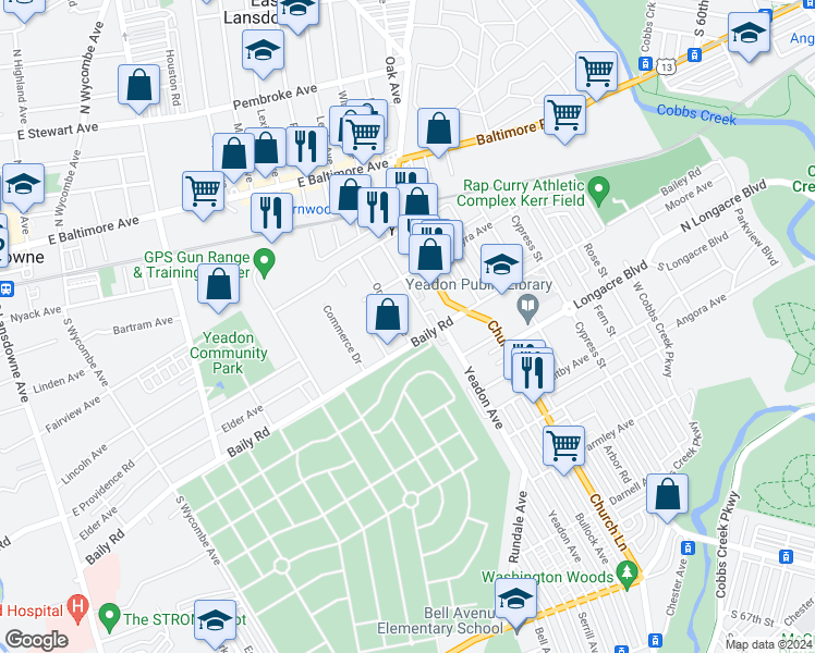 map of restaurants, bars, coffee shops, grocery stores, and more near 537 Orchard Avenue in Yeadon