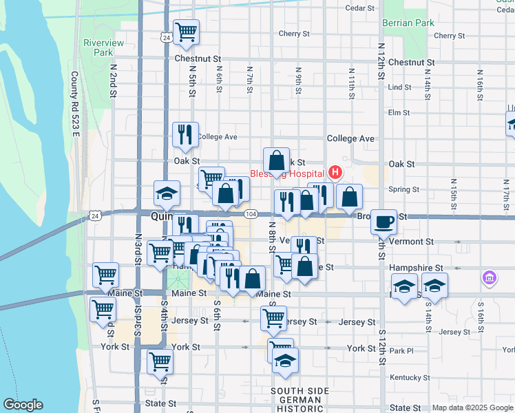 map of restaurants, bars, coffee shops, grocery stores, and more near 709 Broadway Street in Quincy