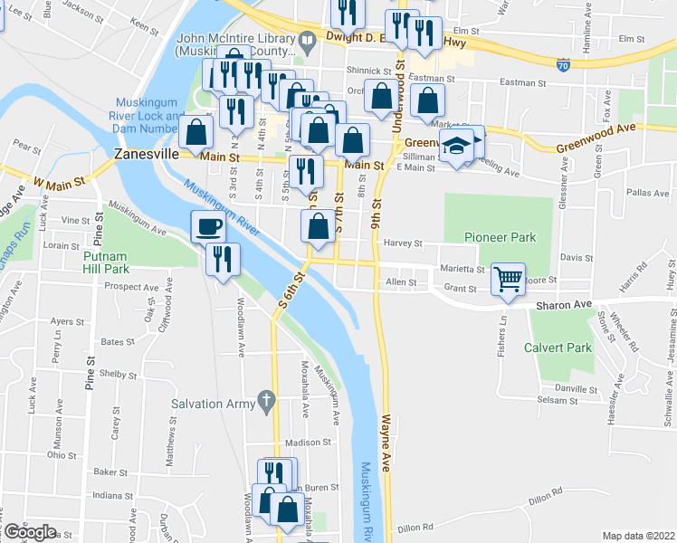 map of restaurants, bars, coffee shops, grocery stores, and more near 214 South 7th Street in Zanesville