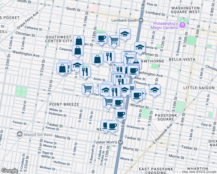 map of restaurants, bars, coffee shops, grocery stores, and more near 1203 South 16th Street in Philadelphia