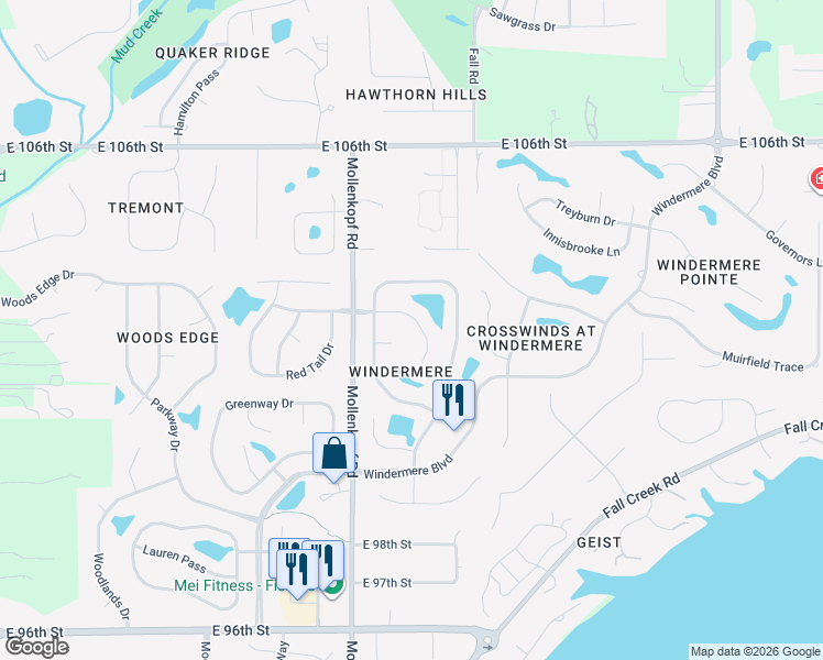 map of restaurants, bars, coffee shops, grocery stores, and more near 10721 Springston Court in Fishers