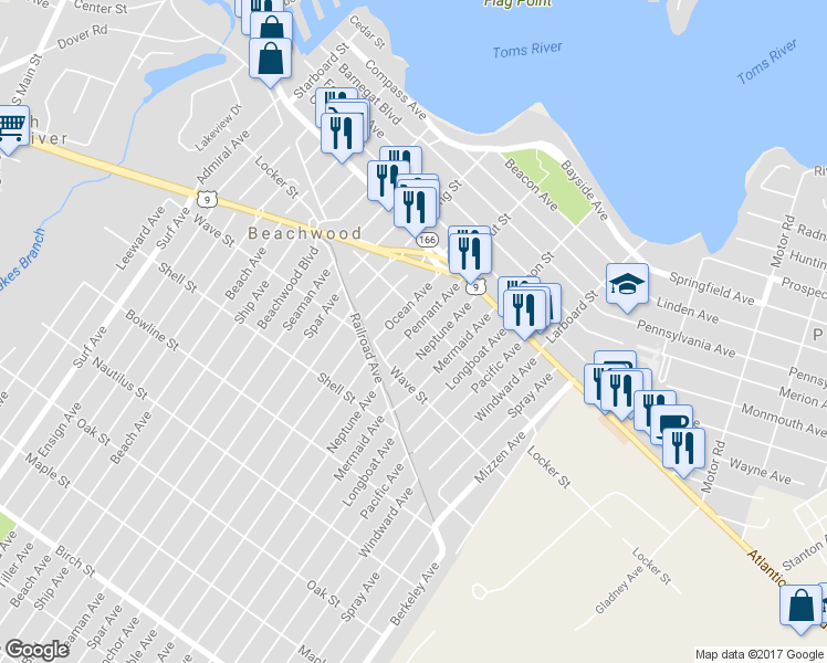 map of restaurants, bars, coffee shops, grocery stores, and more near 213 Pennant Avenue in Beachwood
