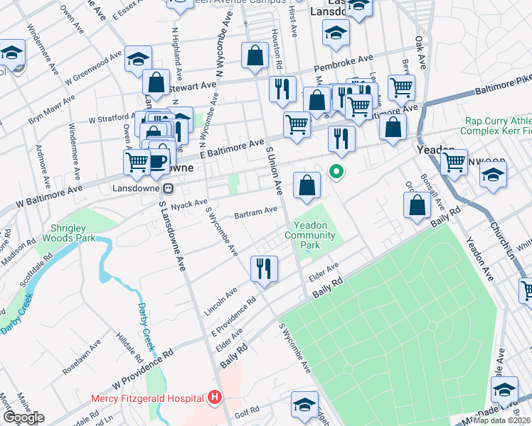 map of restaurants, bars, coffee shops, grocery stores, and more near 130 Bartram Avenue in Lansdowne