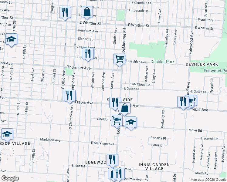 map of restaurants, bars, coffee shops, grocery stores, and more near 1440 Studer Avenue in Columbus