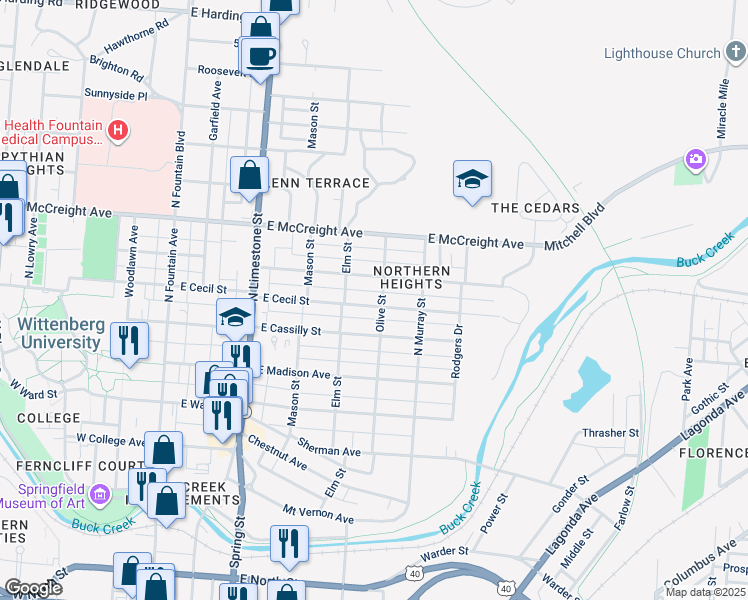 map of restaurants, bars, coffee shops, grocery stores, and more near 518 East Cecil Street in Springfield