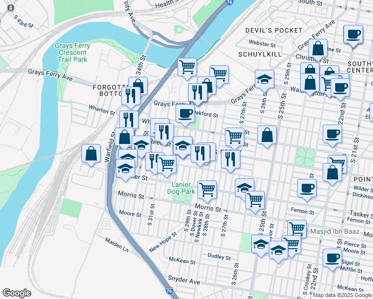 map of restaurants, bars, coffee shops, grocery stores, and more near 2936 Reed Street in Philadelphia