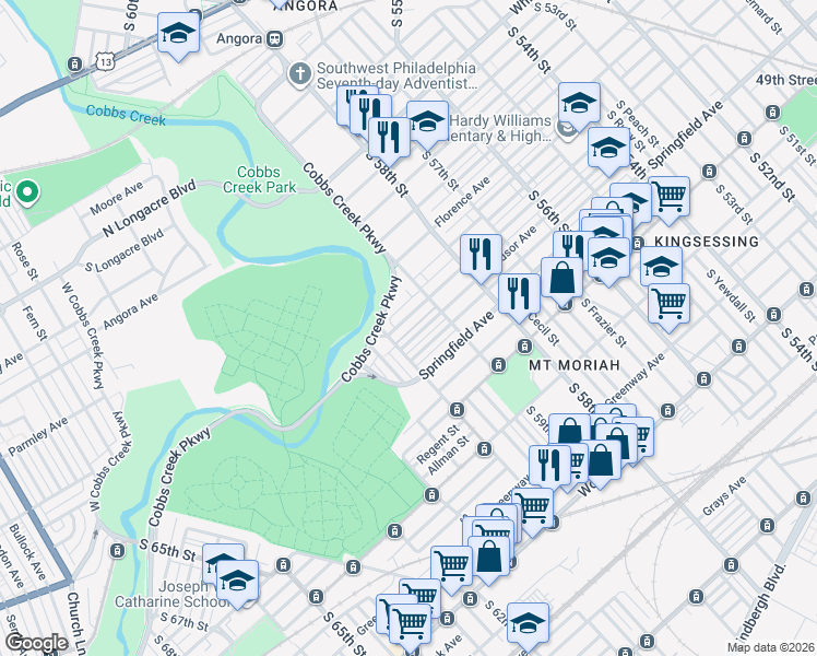 map of restaurants, bars, coffee shops, grocery stores, and more near 1609 South 60th Street in Philadelphia
