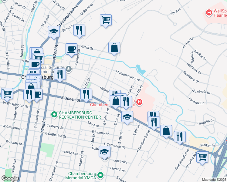map of restaurants, bars, coffee shops, grocery stores, and more near 535 Nelson Street in Chambersburg