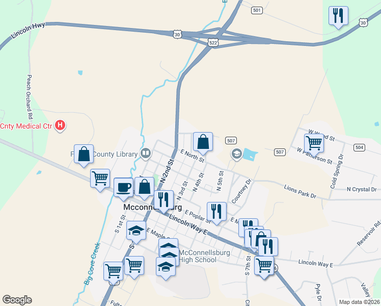 map of restaurants, bars, coffee shops, grocery stores, and more near 218 East North Street in McConnellsburg