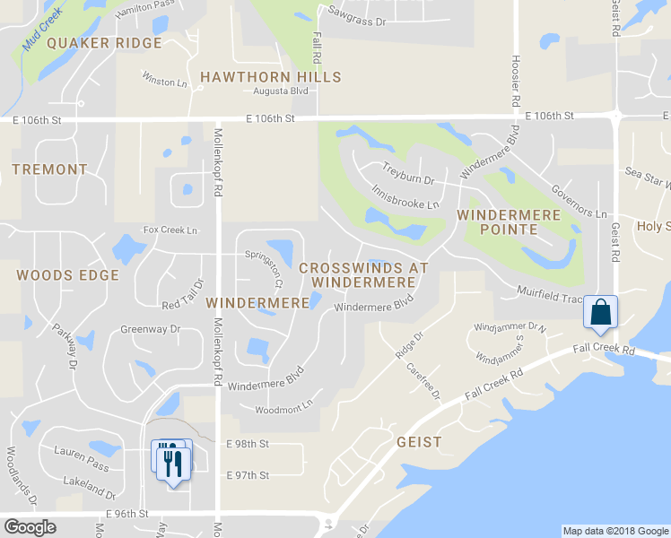 map of restaurants, bars, coffee shops, grocery stores, and more near 10251 Bent Creek Court in Fishers
