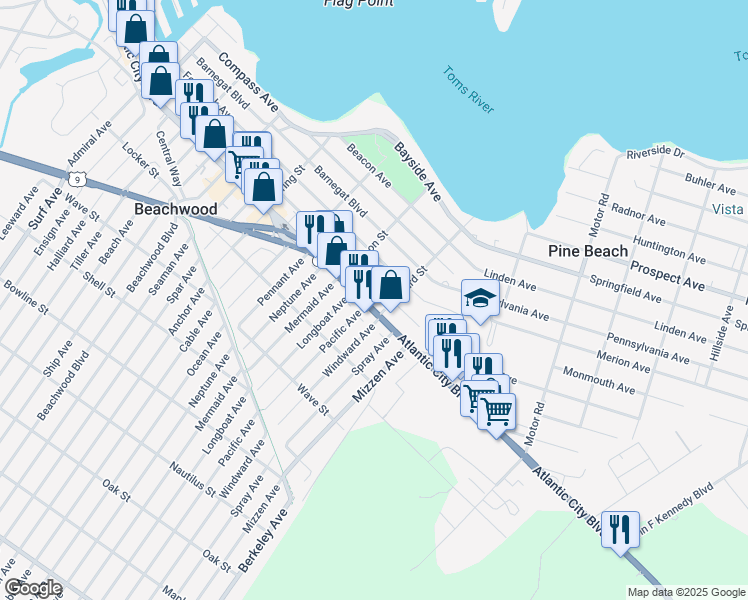 map of restaurants, bars, coffee shops, grocery stores, and more near 649 Atlantic City Boulevard in Beachwood