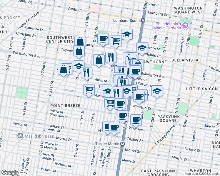 map of restaurants, bars, coffee shops, grocery stores, and more near 1203 South 16th Street in Philadelphia
