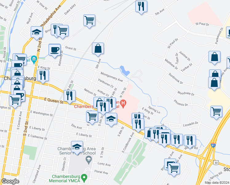 map of restaurants, bars, coffee shops, grocery stores, and more near 601 East King Street in Chambersburg