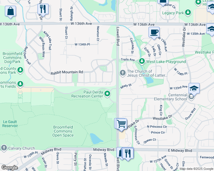 map of restaurants, bars, coffee shops, grocery stores, and more near 3740 Red Deer Trail in Broomfield