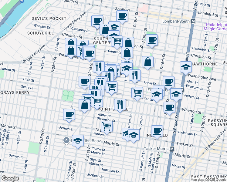map of restaurants, bars, coffee shops, grocery stores, and more near 1239 South 20th Street in Philadelphia