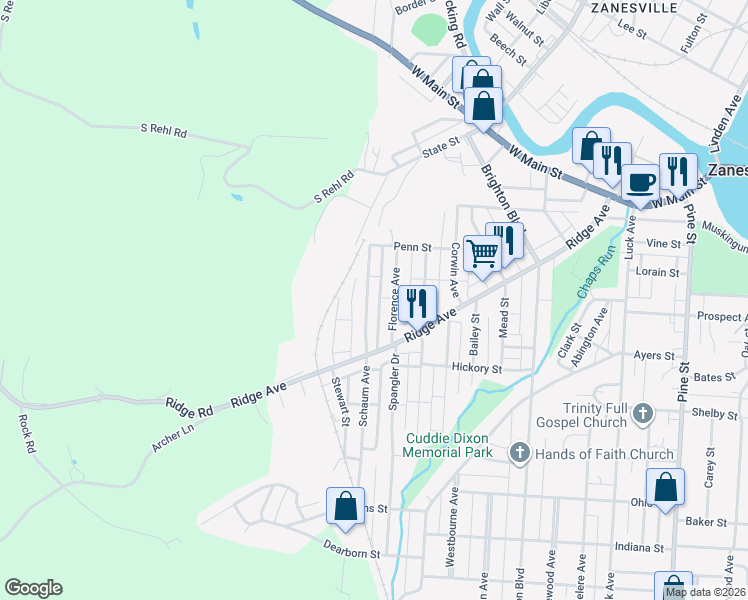 map of restaurants, bars, coffee shops, grocery stores, and more near 314 Schaum Avenue in Zanesville