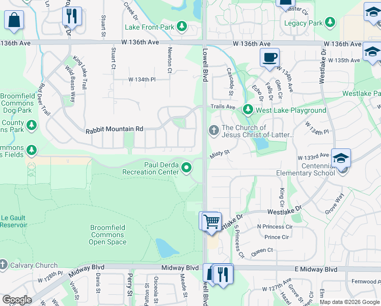 map of restaurants, bars, coffee shops, grocery stores, and more near 3740 Red Deer Trail in Broomfield
