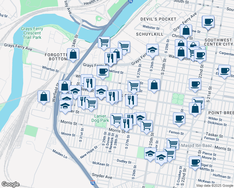 map of restaurants, bars, coffee shops, grocery stores, and more near 1355 South Dover Street in Philadelphia