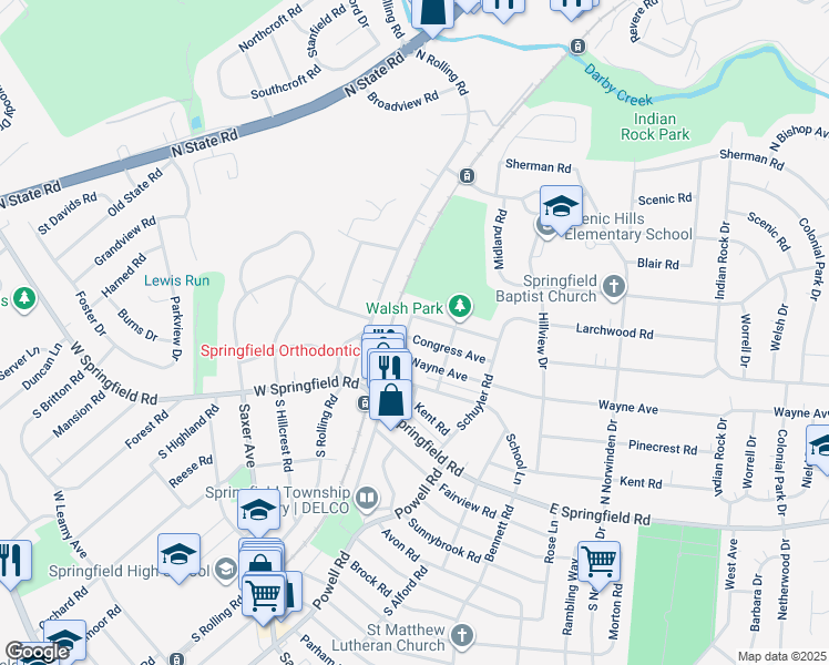 map of restaurants, bars, coffee shops, grocery stores, and more near 21 Congress Avenue in Springfield
