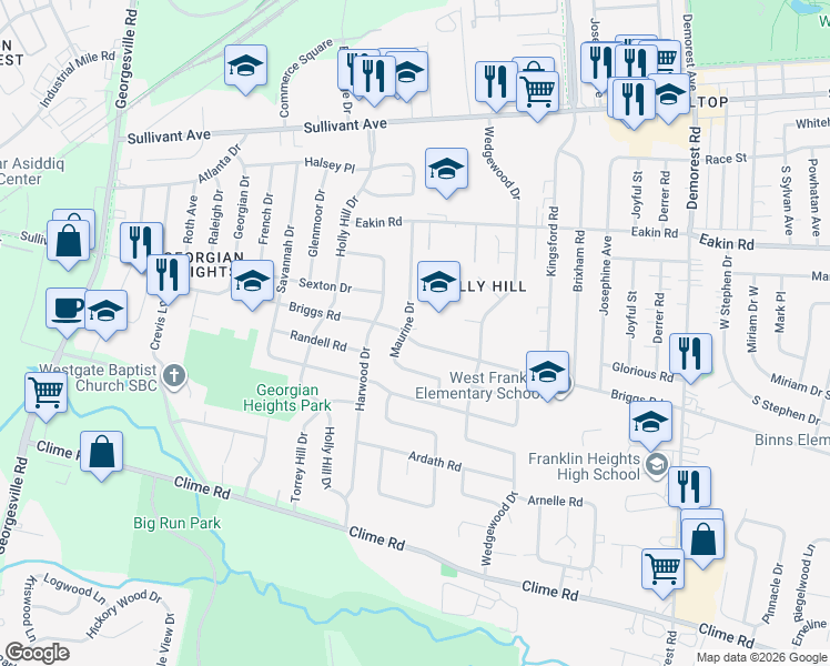 map of restaurants, bars, coffee shops, grocery stores, and more near 3852 Briggs Road in Columbus