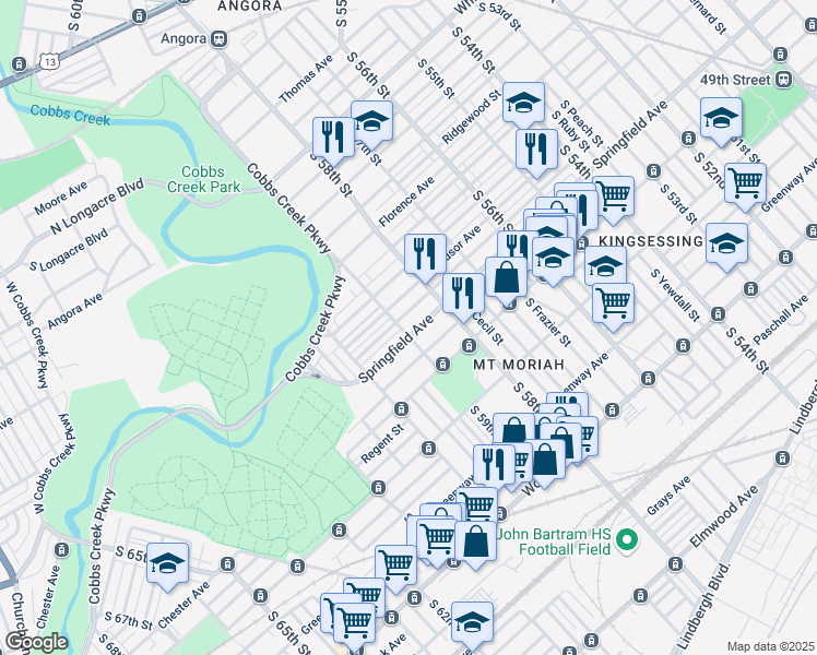 map of restaurants, bars, coffee shops, grocery stores, and more near 5851 Springfield Avenue in Philadelphia