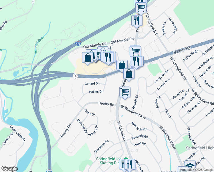 map of restaurants, bars, coffee shops, grocery stores, and more near 345 Collins Drive in Springfield