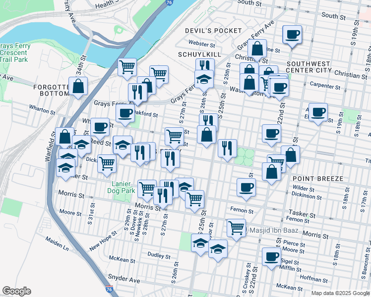 map of restaurants, bars, coffee shops, grocery stores, and more near 2631 Earp Street in Philadelphia