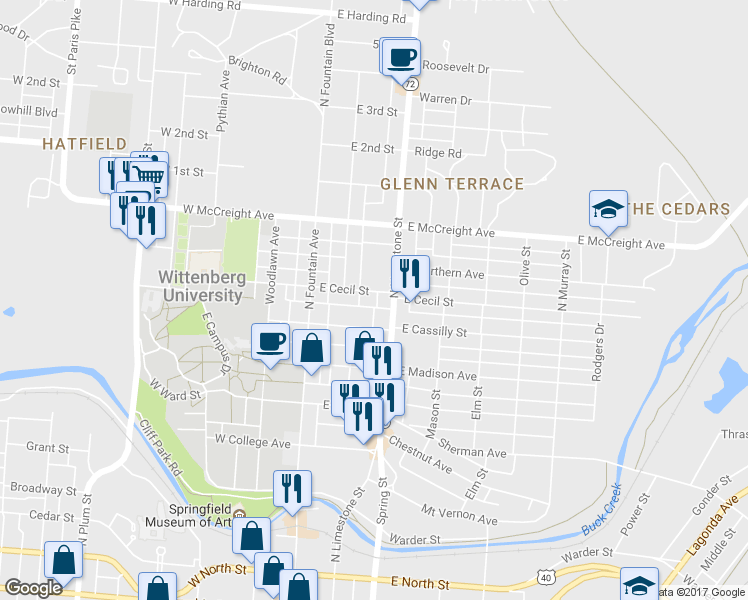 map of restaurants, bars, coffee shops, grocery stores, and more near 133 E Cecil St in Springfield